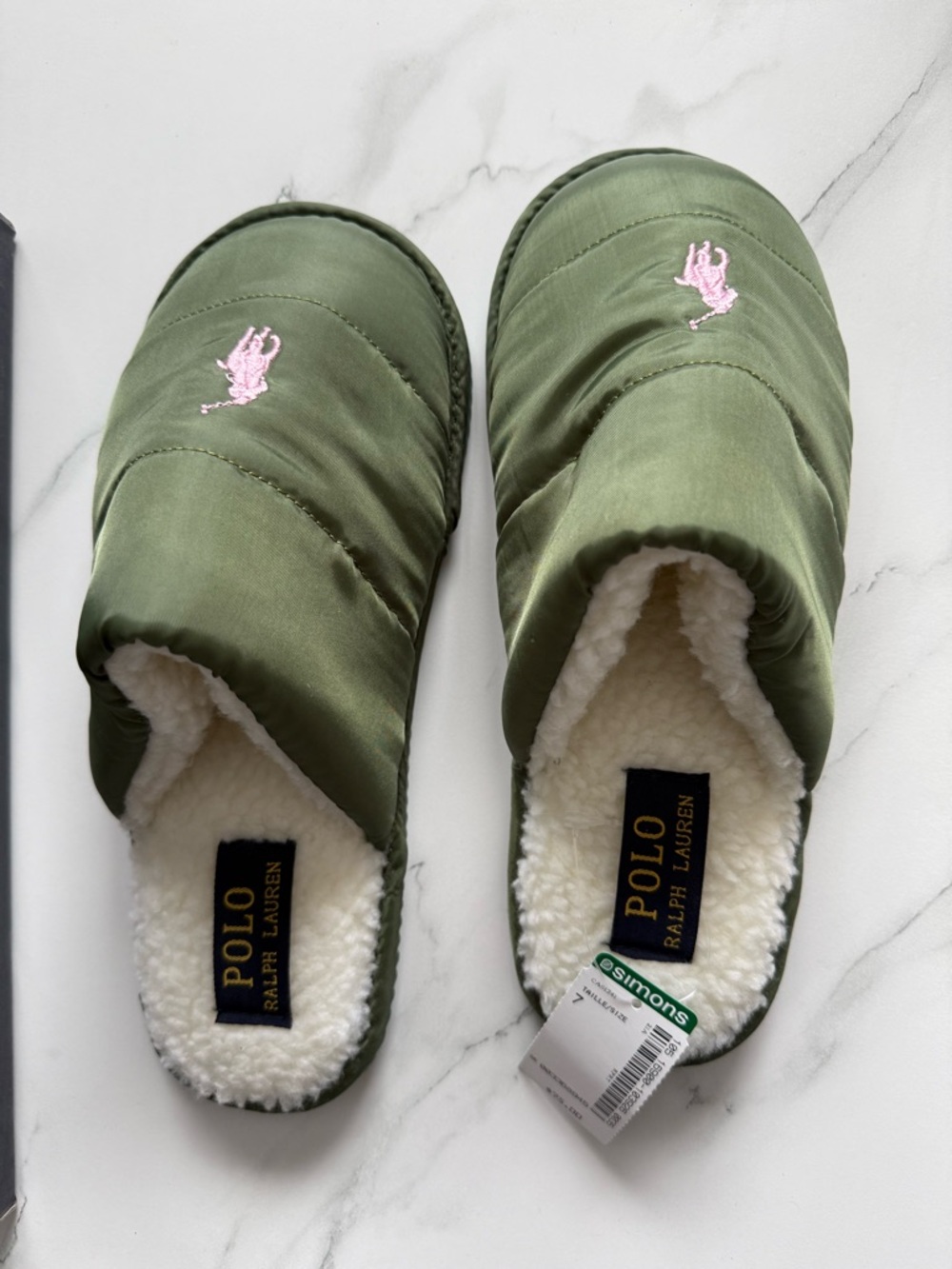 Ralph Lauren Olive Quilted Slip-On Slippers with Pink Polo Emblem